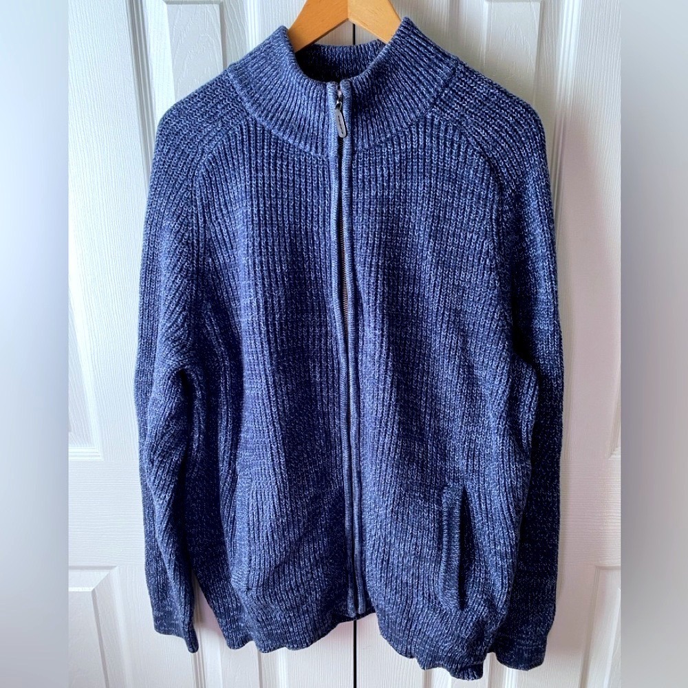 L.L. BEAN Vintage Indigo Marle Waffle Knit Cotton Full-Zip Grandpa Cardigan LT - Picture 1 of 6